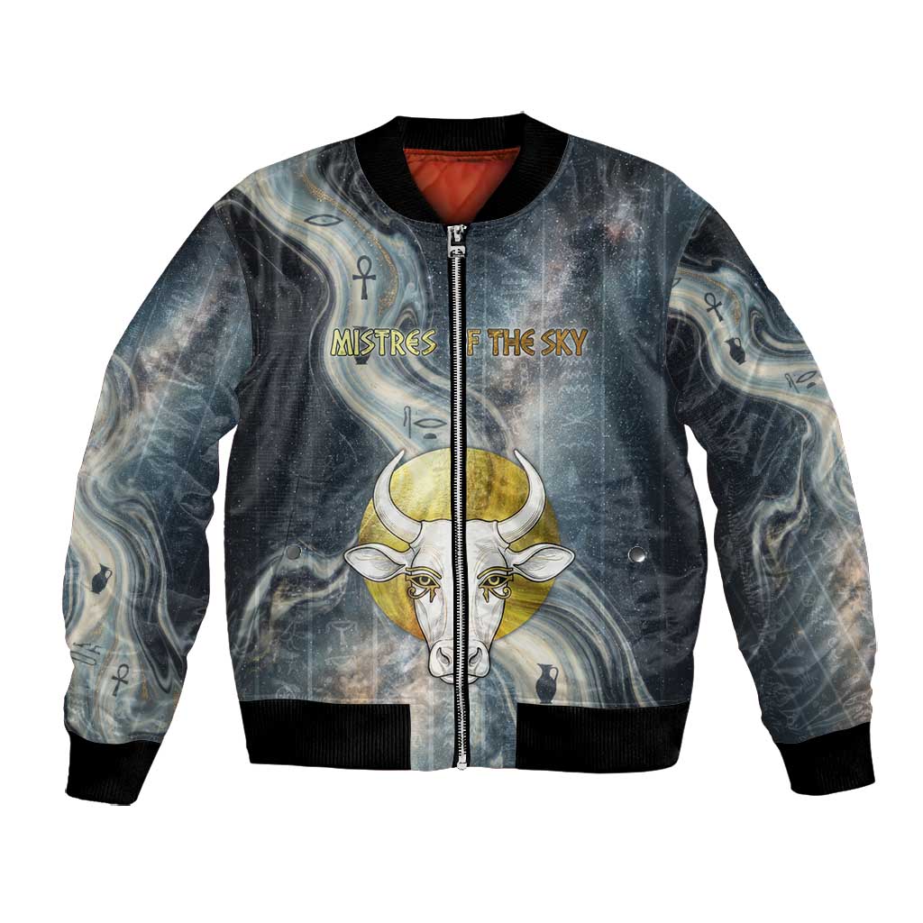 Hesat Celestial Cow Egyptian Bomber Jacket with Mythic Sky Motif in Cosmic Theme