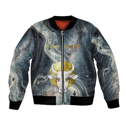 Hesat Celestial Cow Egyptian Bomber Jacket with Mythic Sky Motif in Cosmic Theme