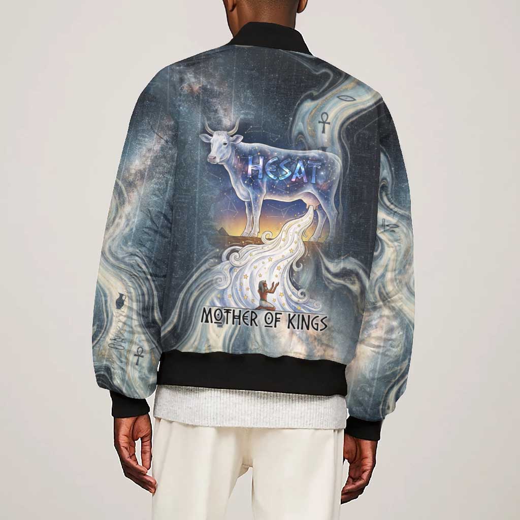 Hesat Celestial Cow Egyptian Bomber Jacket with Mythic Sky Motif in Cosmic Theme