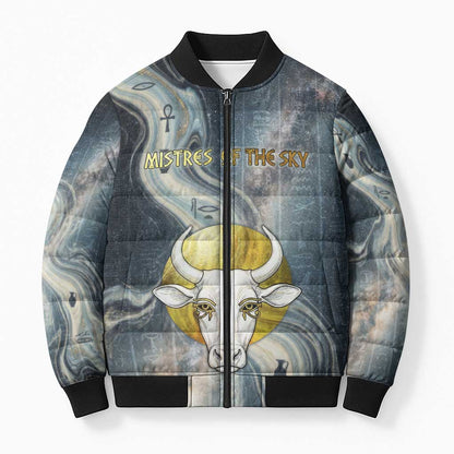 Hesat Celestial Cow Egyptian Bomber Puffer Jacket with Mythic Sky Motif in Cosmic Theme