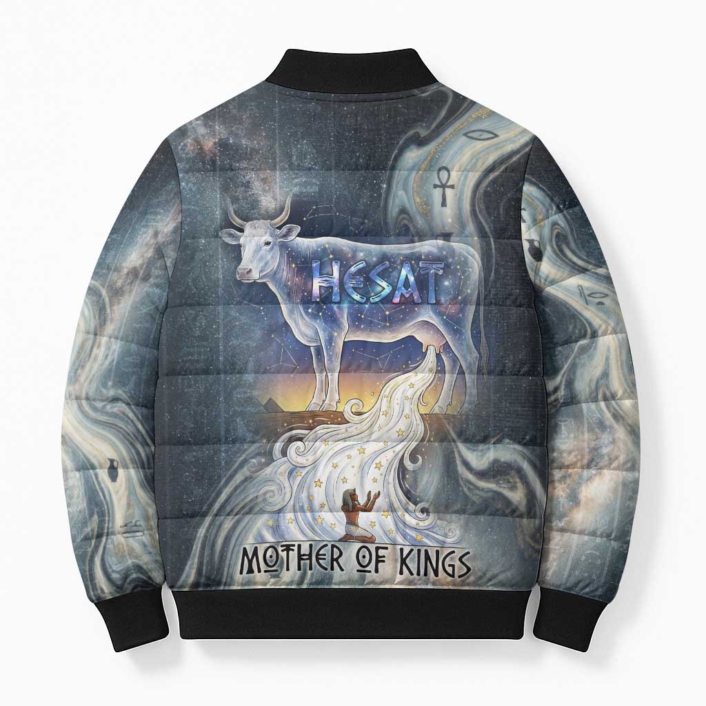 Hesat Celestial Cow Egyptian Bomber Puffer Jacket with Mythic Sky Motif in Cosmic Theme