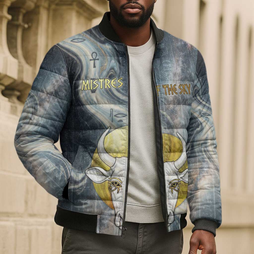 Hesat Celestial Cow Egyptian Bomber Puffer Jacket with Mythic Sky Motif in Cosmic Theme