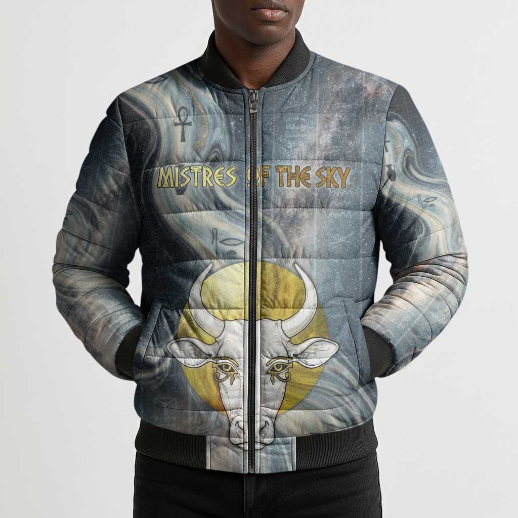 Hesat Celestial Cow Egyptian Bomber Puffer Jacket with Mythic Sky Motif in Cosmic Theme