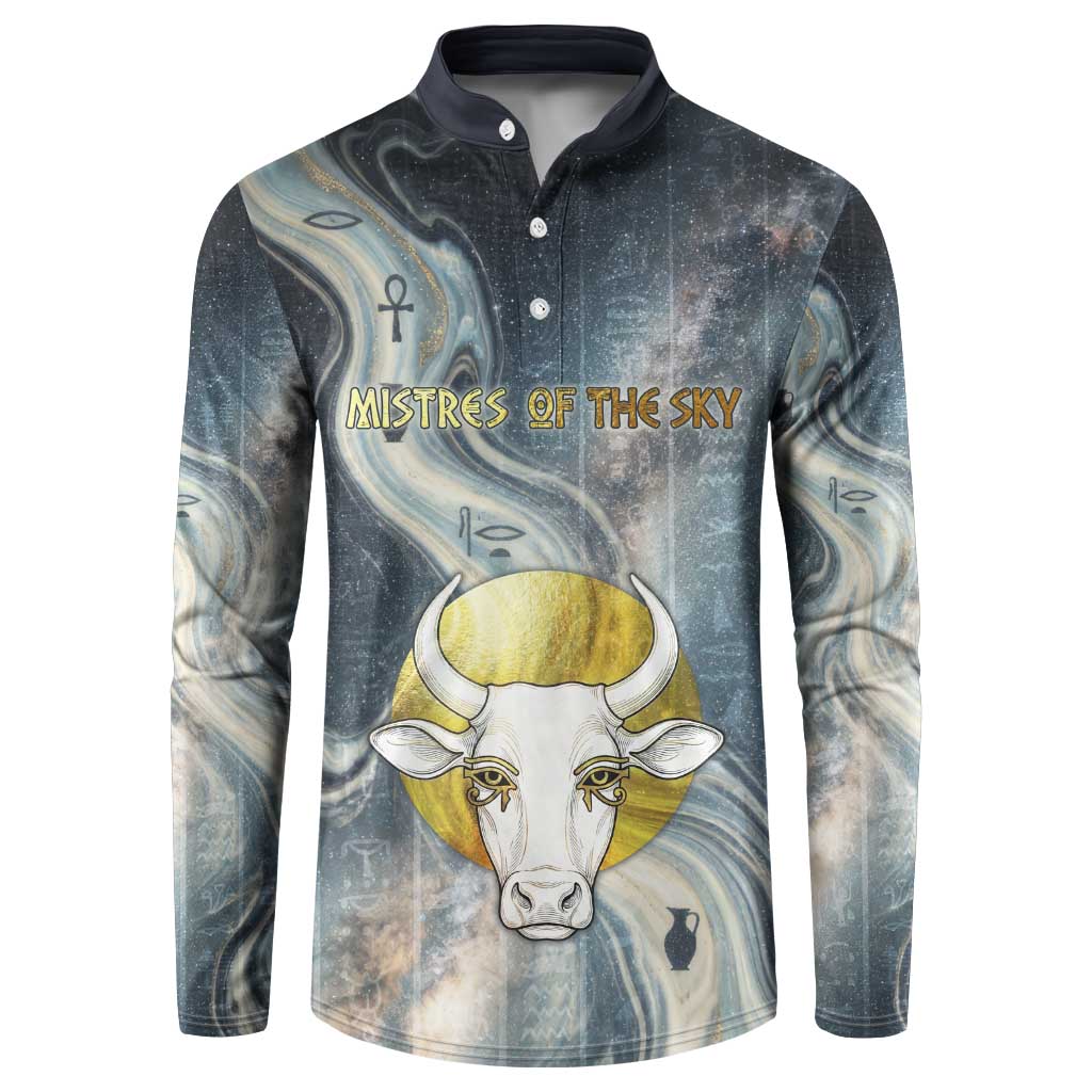 Hesat Celestial Cow Egyptian Button Sweatshirt with Mythic Sky Motif in Cosmic Theme