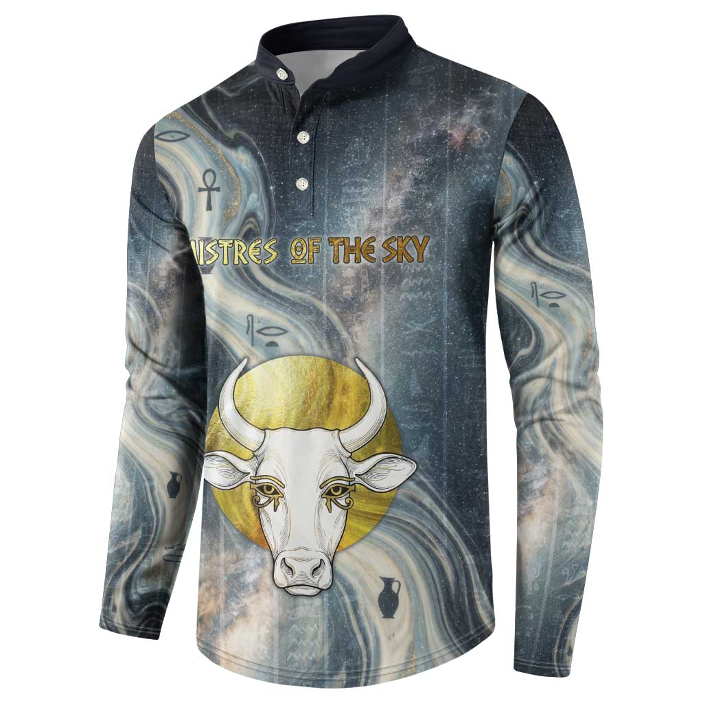 Hesat Celestial Cow Egyptian Button Sweatshirt with Mythic Sky Motif in Cosmic Theme