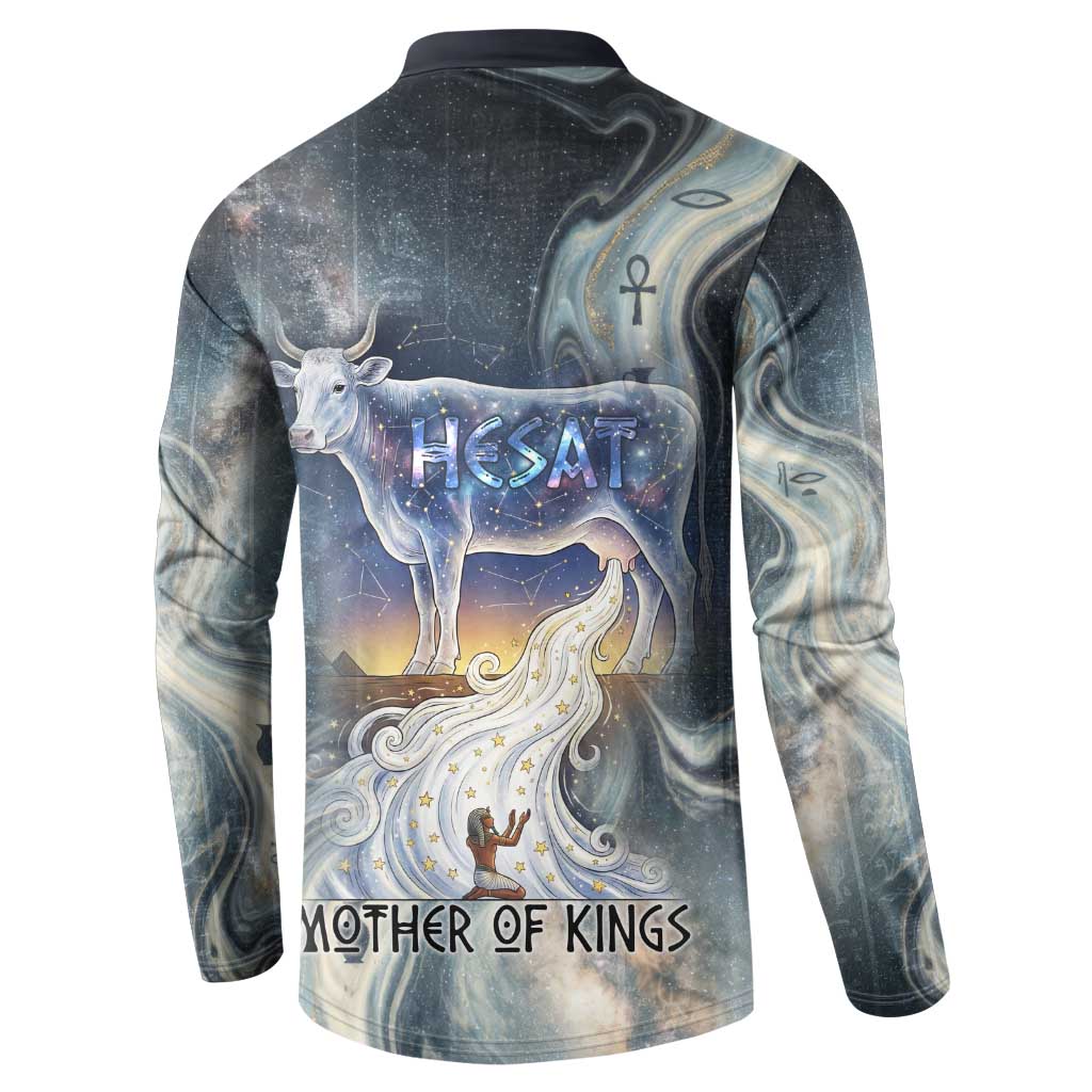 Hesat Celestial Cow Egyptian Button Sweatshirt with Mythic Sky Motif in Cosmic Theme