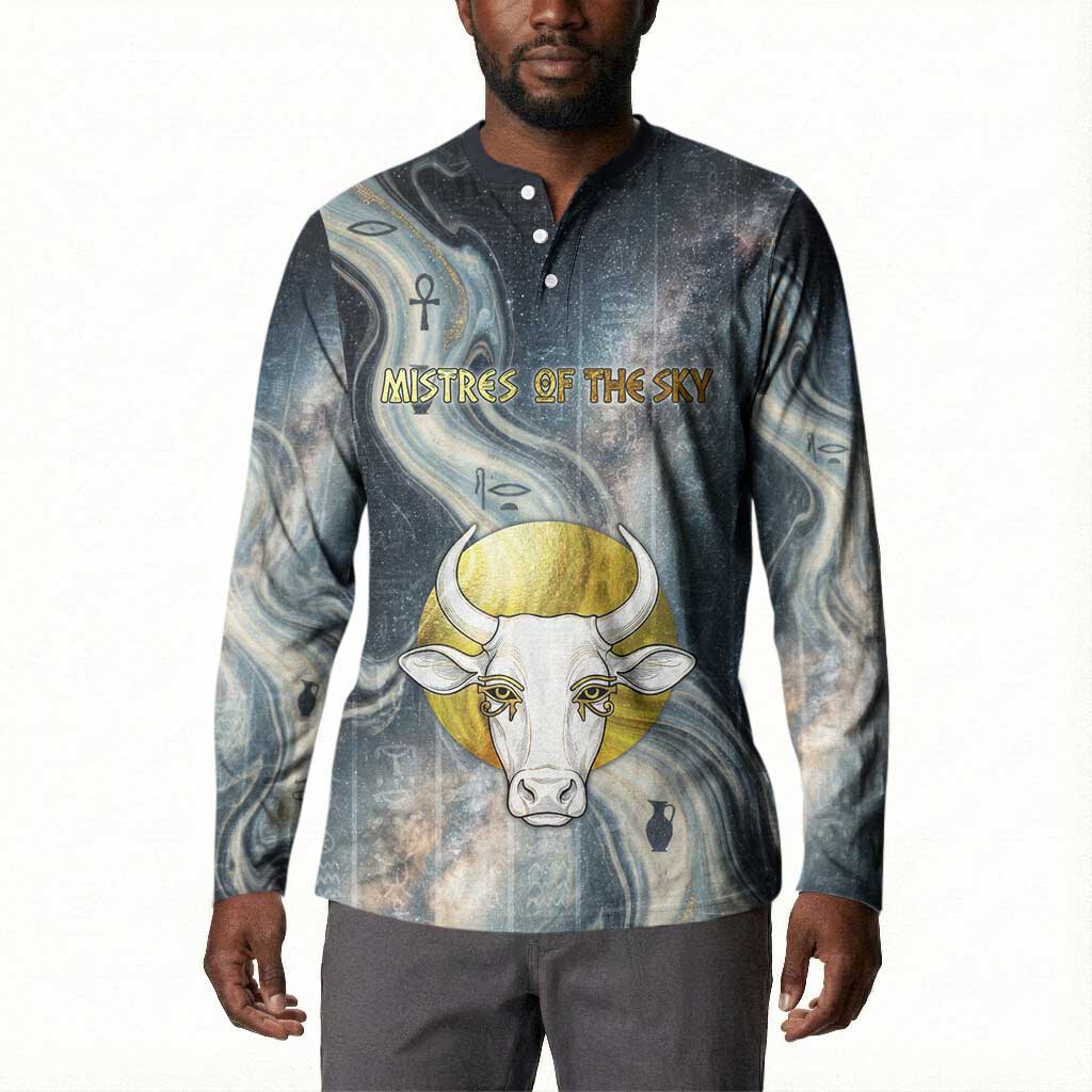 Hesat Celestial Cow Egyptian Button Sweatshirt with Mythic Sky Motif in Cosmic Theme