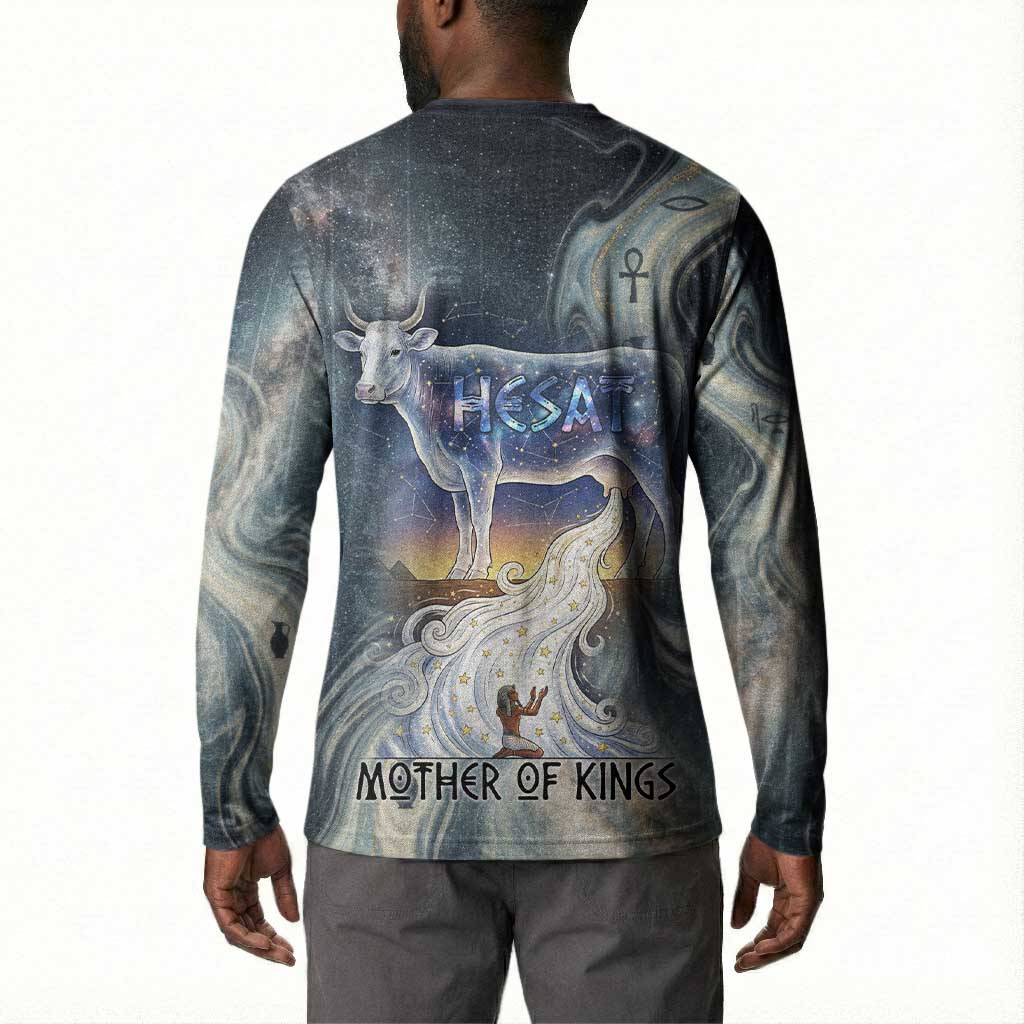 Hesat Celestial Cow Egyptian Button Sweatshirt with Mythic Sky Motif in Cosmic Theme
