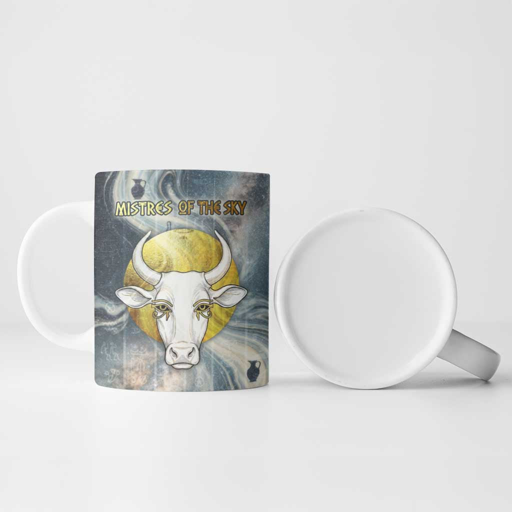 Hesat Celestial Cow Egyptian Ceramic Mug with Mythic Sky Motif in Cosmic Theme