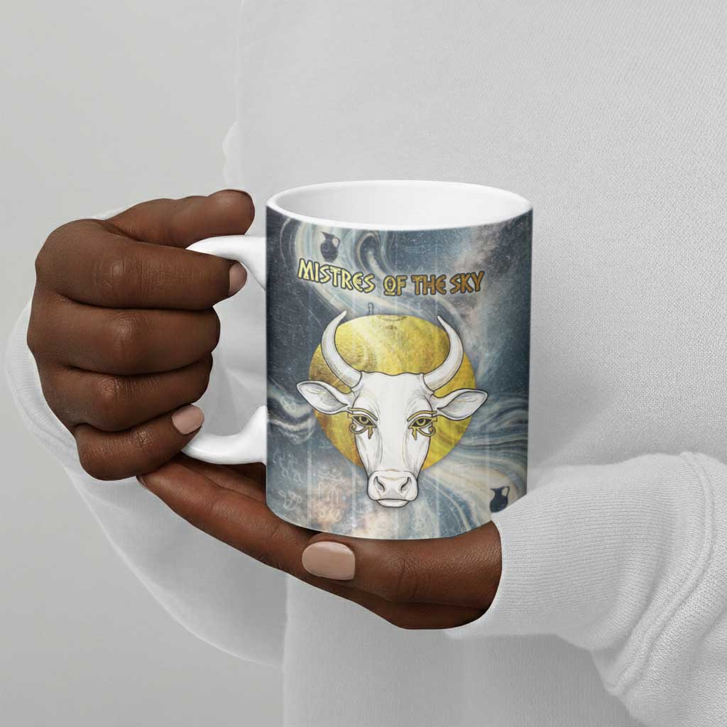 Hesat Celestial Cow Egyptian Ceramic Mug with Mythic Sky Motif in Cosmic Theme