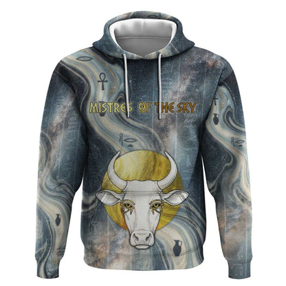 Hesat Celestial Cow Egyptian Hoodie with Mythic Sky Motif in Cosmic Theme