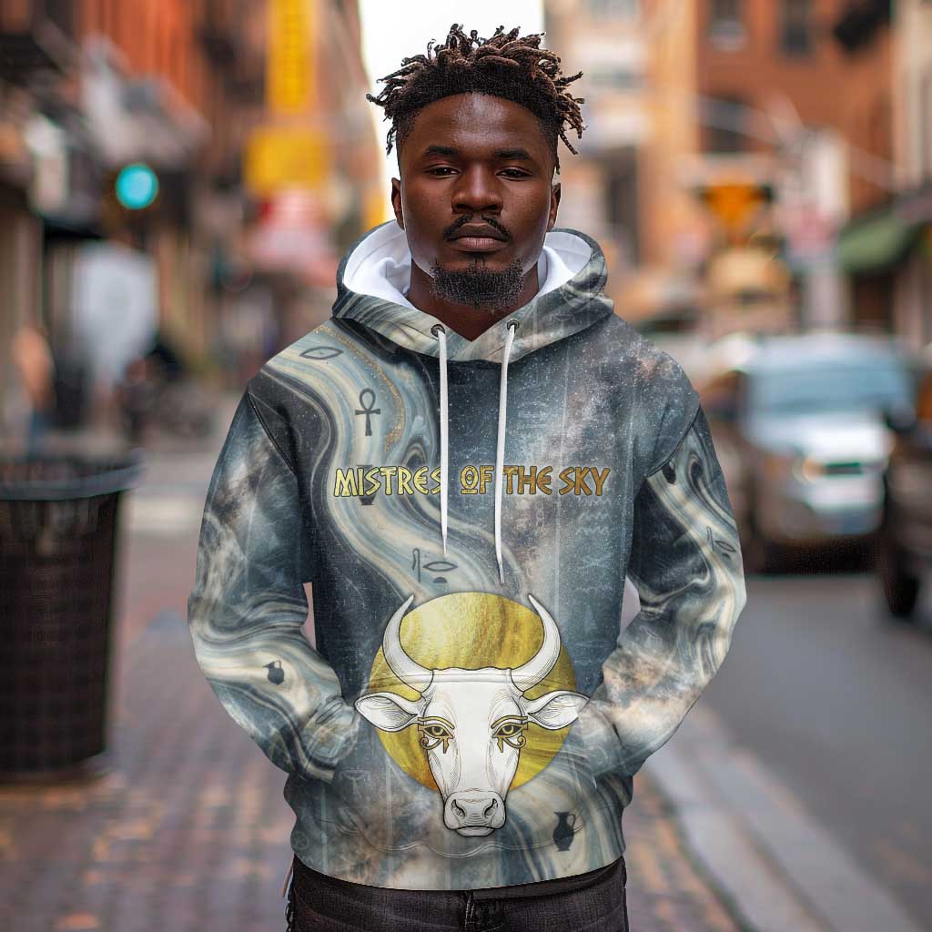 Hesat Celestial Cow Egyptian Hoodie with Mythic Sky Motif in Cosmic Theme