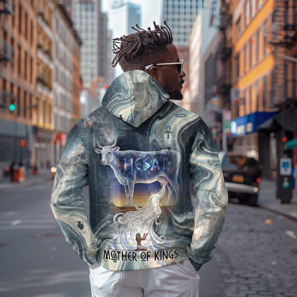 Hesat Celestial Cow Egyptian Hoodie with Mythic Sky Motif in Cosmic Theme