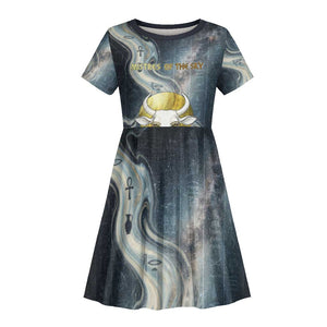 Hesat Celestial Cow Egyptian Kid Short Sleeve Dress with Mythic Sky Motif in Cosmic Theme