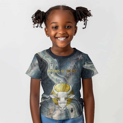 Hesat Celestial Cow Egyptian Kid T shirt with Mythic Sky Motif in Cosmic Theme