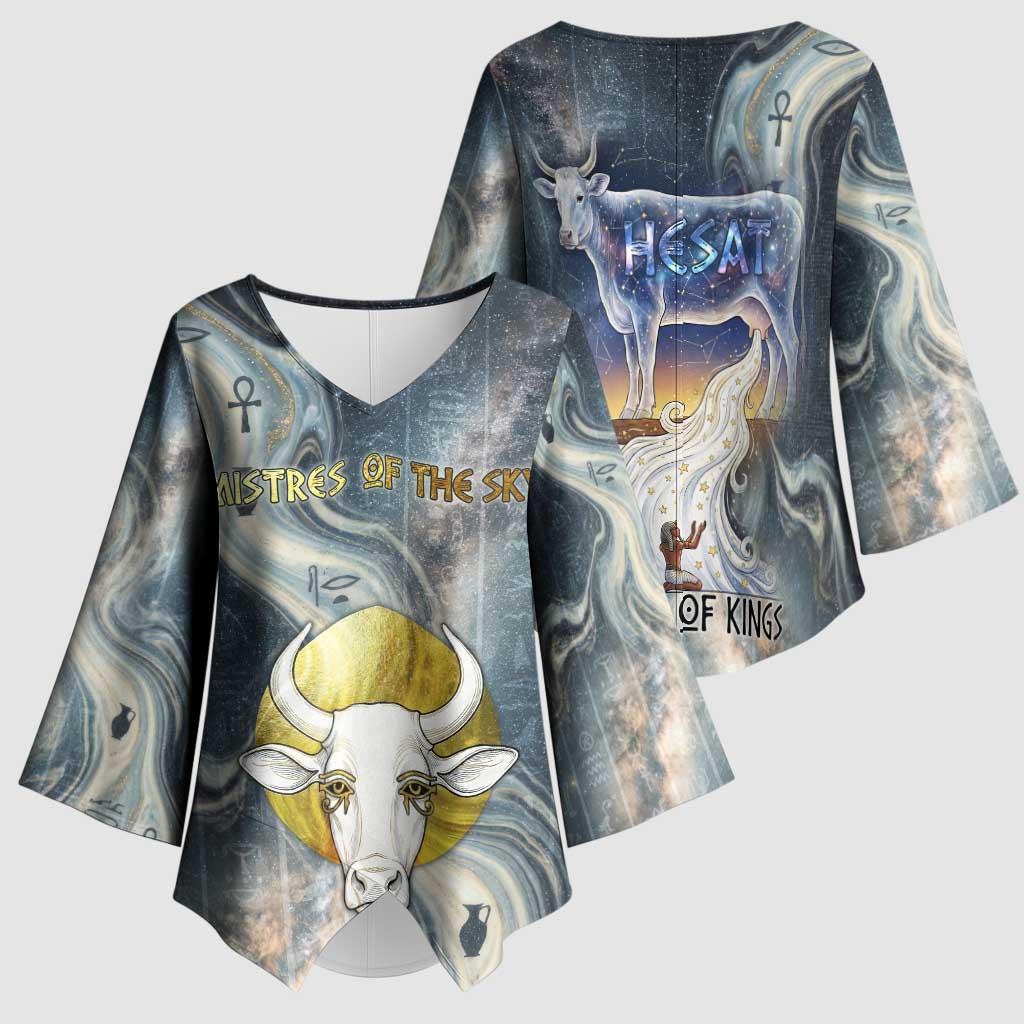 Hesat Celestial Cow Egyptian Kimono Sleeve Blouse with Mythic Sky Motif in Cosmic Theme