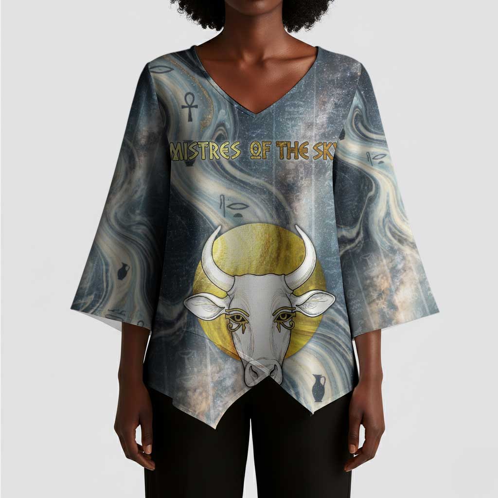 Hesat Celestial Cow Egyptian Kimono Sleeve Blouse with Mythic Sky Motif in Cosmic Theme