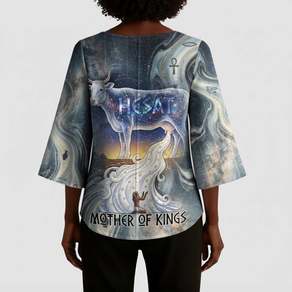 Hesat Celestial Cow Egyptian Kimono Sleeve Blouse with Mythic Sky Motif in Cosmic Theme