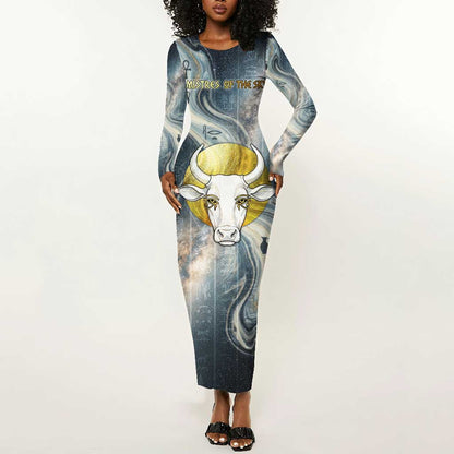 Hesat Celestial Cow Egyptian Long Sleeve Bodycon Dress with Mythic Sky Motif in Cosmic Theme