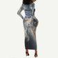 Hesat Celestial Cow Egyptian Long Sleeve Bodycon Dress with Mythic Sky Motif in Cosmic Theme