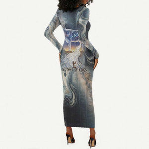 Hesat Celestial Cow Egyptian Long Sleeve Bodycon Dress with Mythic Sky Motif in Cosmic Theme