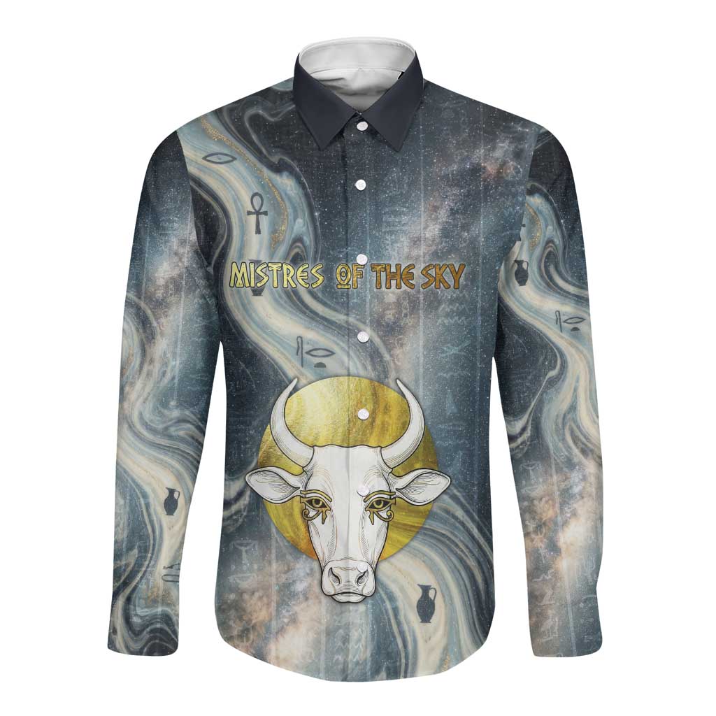 Hesat Celestial Cow Egyptian Long Sleeve Button Shirt with Mythic Sky Motif in Cosmic Theme