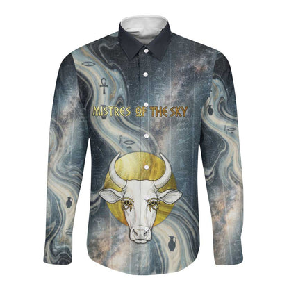 Hesat Celestial Cow Egyptian Long Sleeve Button Shirt with Mythic Sky Motif in Cosmic Theme
