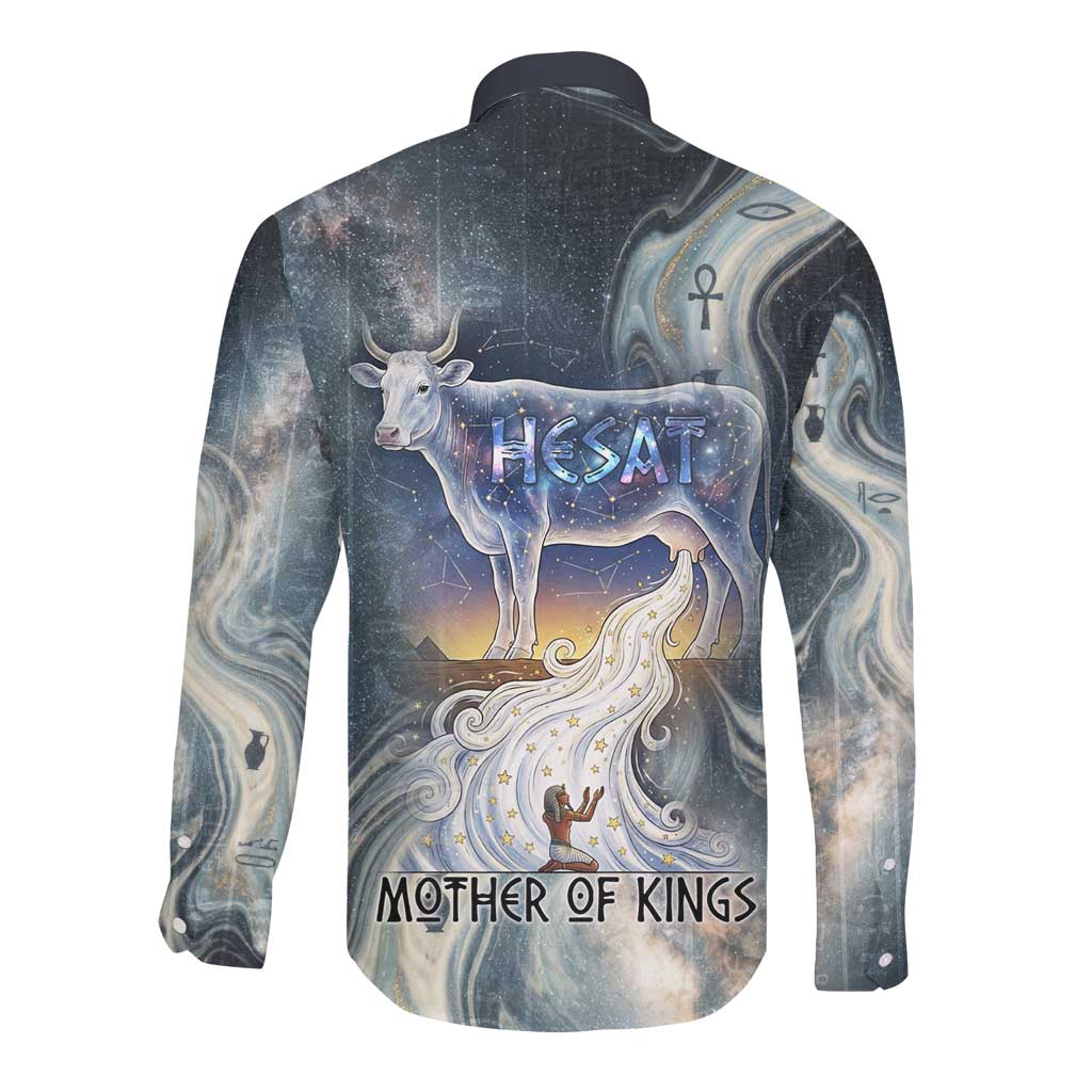 Hesat Celestial Cow Egyptian Long Sleeve Button Shirt with Mythic Sky Motif in Cosmic Theme