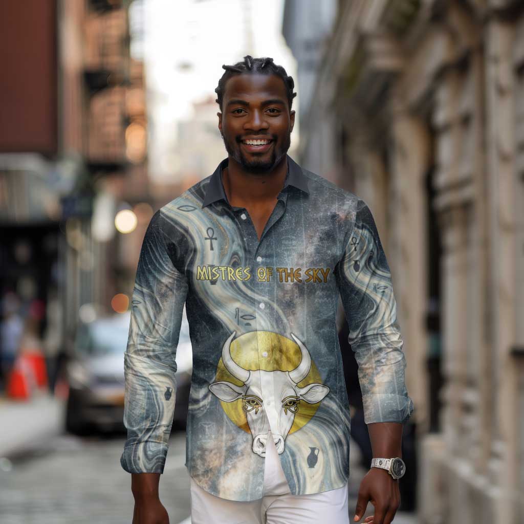 Hesat Celestial Cow Egyptian Long Sleeve Button Shirt with Mythic Sky Motif in Cosmic Theme