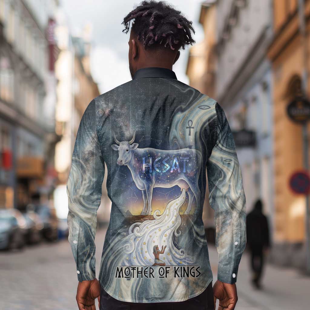 Hesat Celestial Cow Egyptian Long Sleeve Button Shirt with Mythic Sky Motif in Cosmic Theme