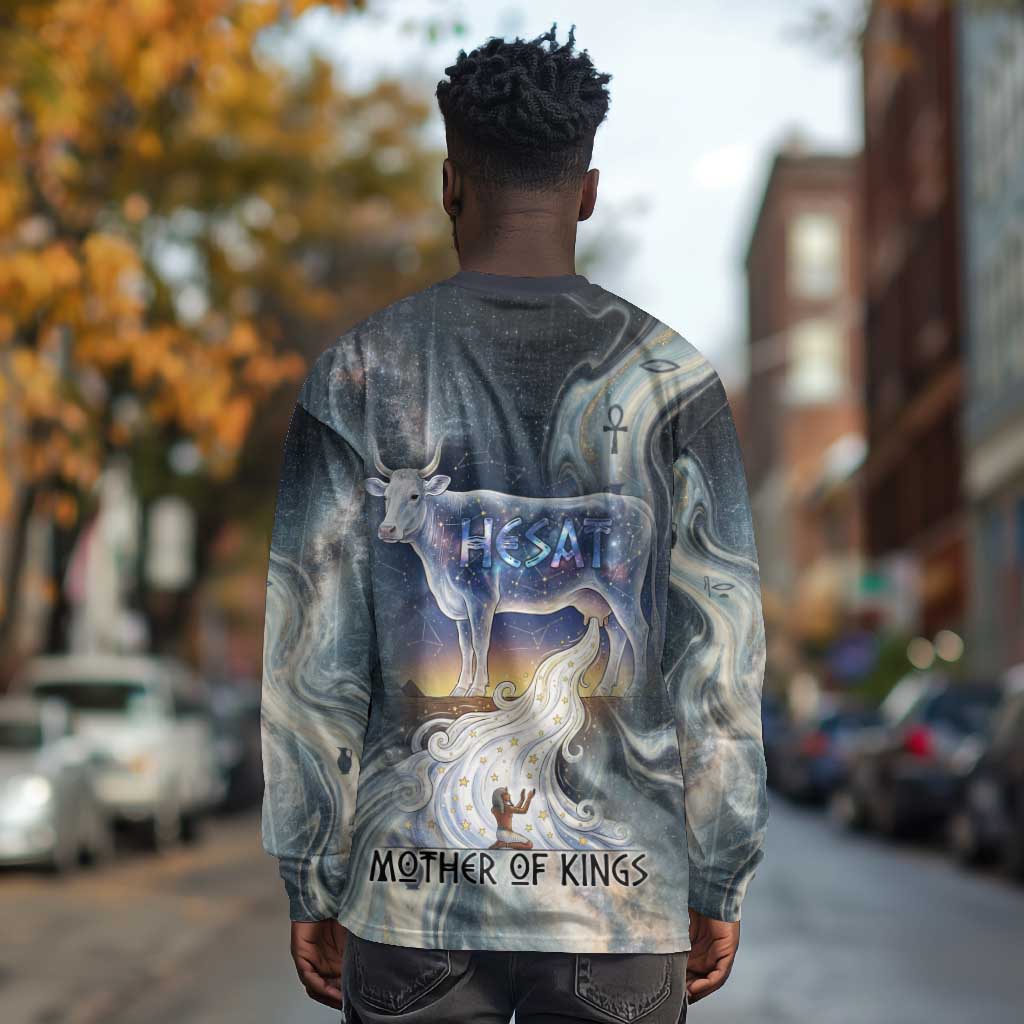 Hesat Celestial Cow Egyptian Long Sleeve Shirt with Mythic Sky Motif in Cosmic Theme