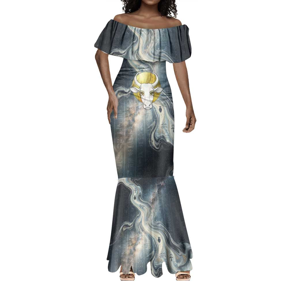 Hesat Celestial Cow Egyptian Mermaid Dress with Mythic Sky Motif in Cosmic Theme