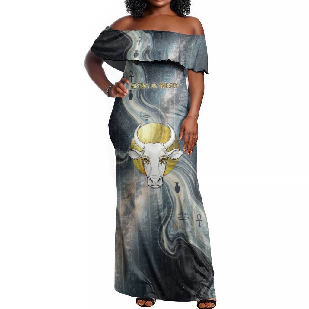 Hesat Celestial Cow Egyptian Off Shoulder Maxi Dress with Mythic Sky Motif in Cosmic Theme