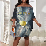 Hesat Celestial Cow Egyptian Off Shoulder Short Dress with Mythic Sky Motif in Cosmic Theme