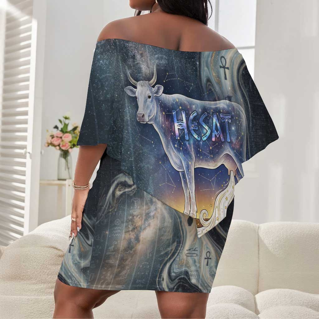 Hesat Celestial Cow Egyptian Off Shoulder Short Dress with Mythic Sky Motif in Cosmic Theme