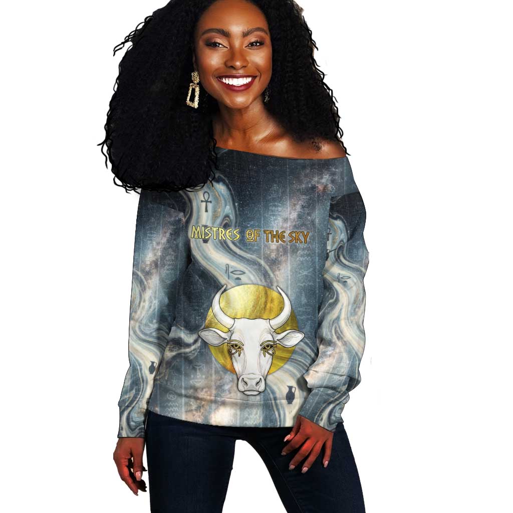 Hesat Celestial Cow Egyptian Off Shoulder Sweater with Mythic Sky Motif in Cosmic Theme