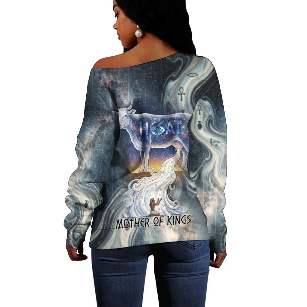 Hesat Celestial Cow Egyptian Off Shoulder Sweater with Mythic Sky Motif in Cosmic Theme