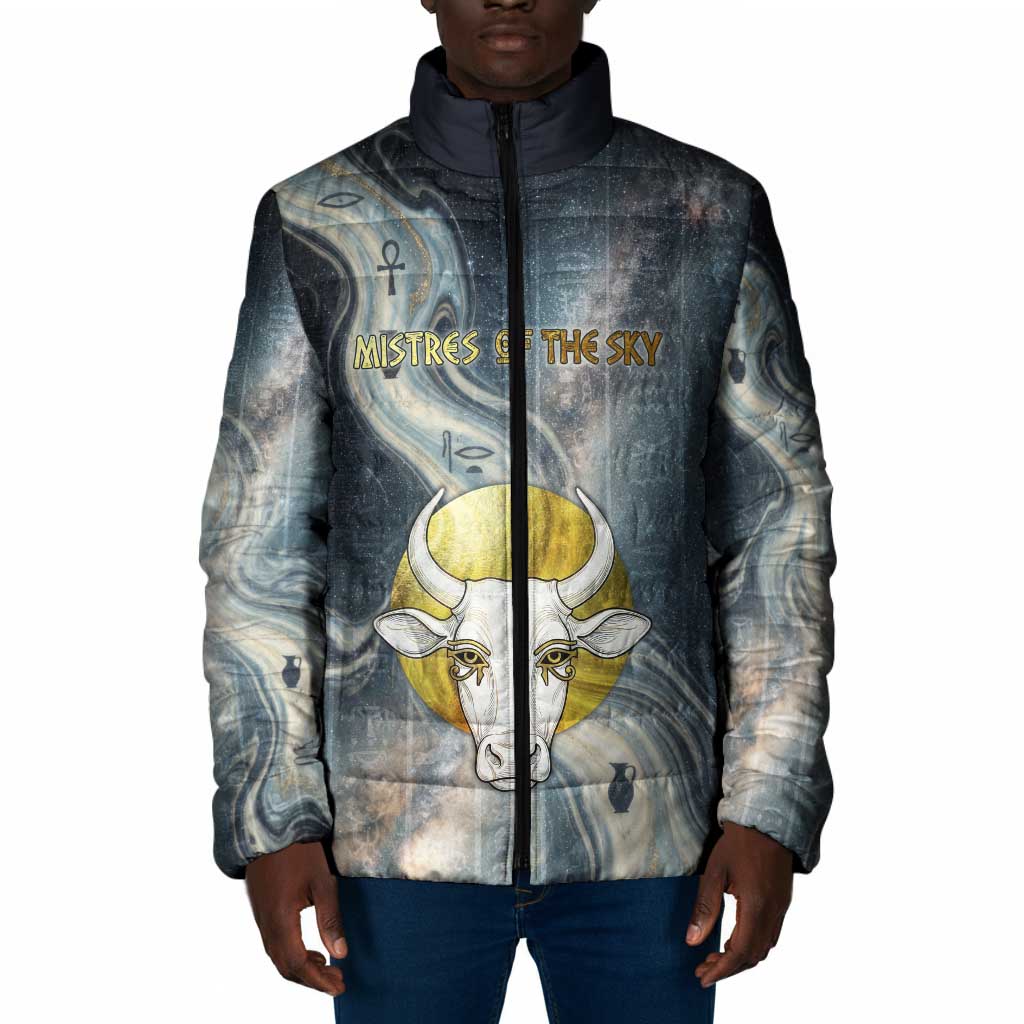 Hesat Celestial Cow Egyptian Padded Jacket with Mythic Sky Motif in Cosmic Theme