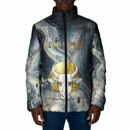 Hesat Celestial Cow Egyptian Padded Jacket with Mythic Sky Motif in Cosmic Theme