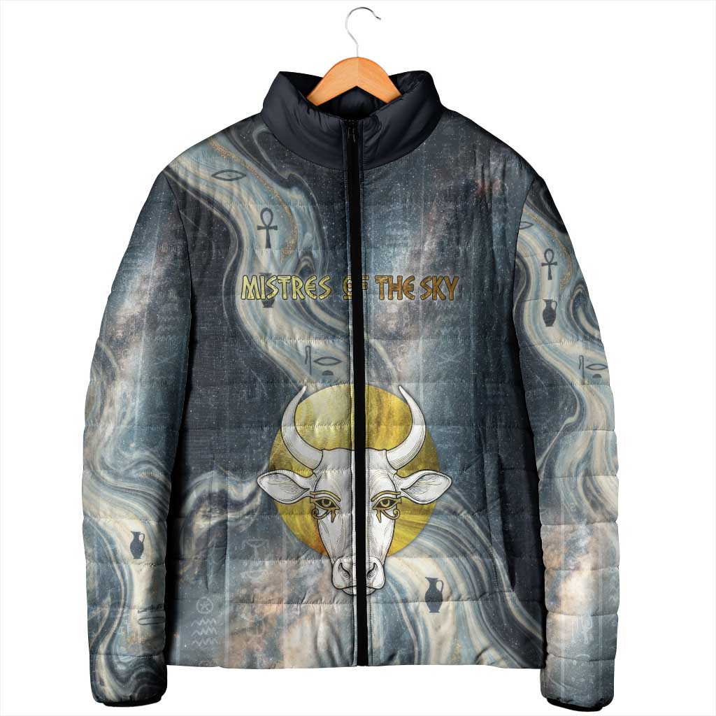 Hesat Celestial Cow Egyptian Padded Jacket with Mythic Sky Motif in Cosmic Theme