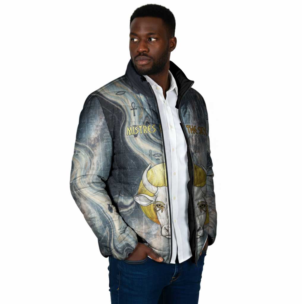 Hesat Celestial Cow Egyptian Padded Jacket with Mythic Sky Motif in Cosmic Theme