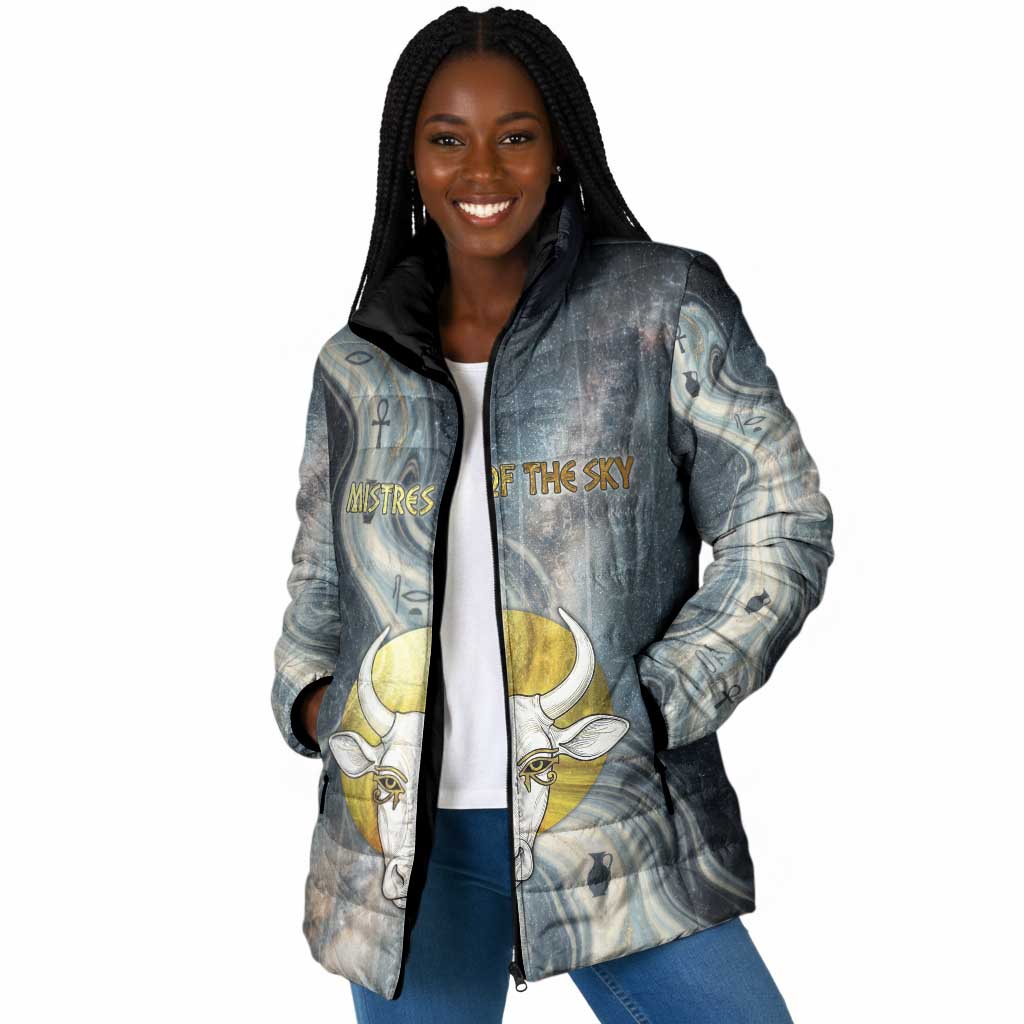 Hesat Celestial Cow Egyptian Padded Jacket with Mythic Sky Motif in Cosmic Theme