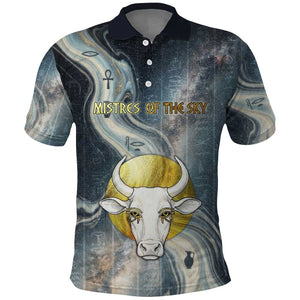 Hesat Celestial Cow Egyptian Polo Shirt with Mythic Sky Motif in Cosmic Theme