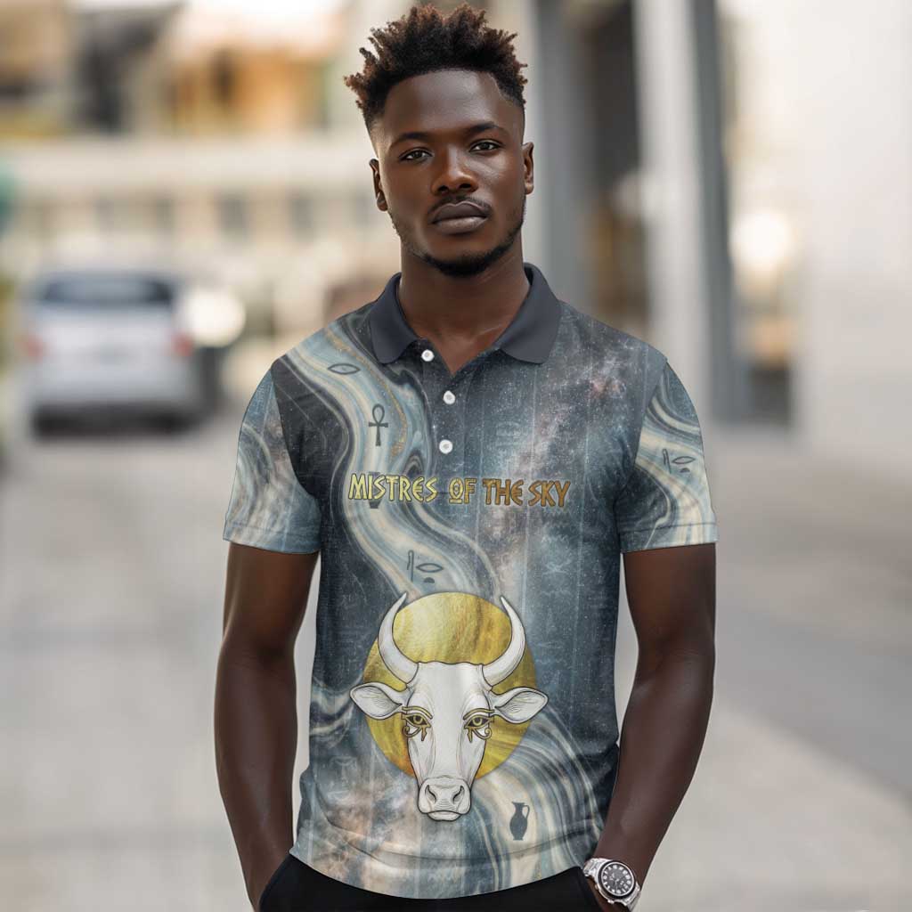 Hesat Celestial Cow Egyptian Polo Shirt with Mythic Sky Motif in Cosmic Theme