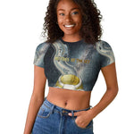 Hesat Celestial Cow Egyptian Raglan Cropped T shirt with Mythic Sky Motif in Cosmic Theme
