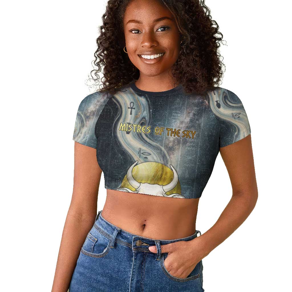 Hesat Celestial Cow Egyptian Raglan Cropped T shirt with Mythic Sky Motif in Cosmic Theme