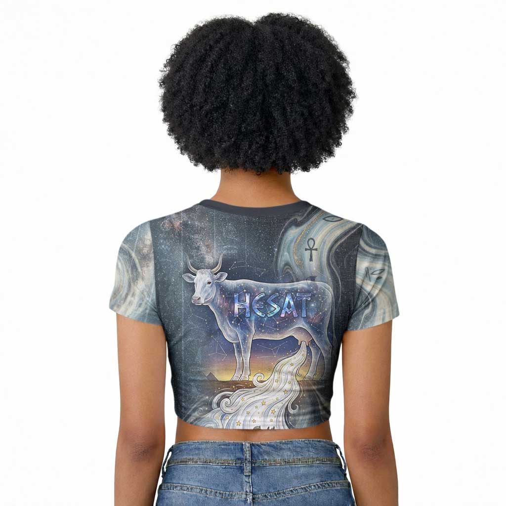 Hesat Celestial Cow Egyptian Raglan Cropped T shirt with Mythic Sky Motif in Cosmic Theme