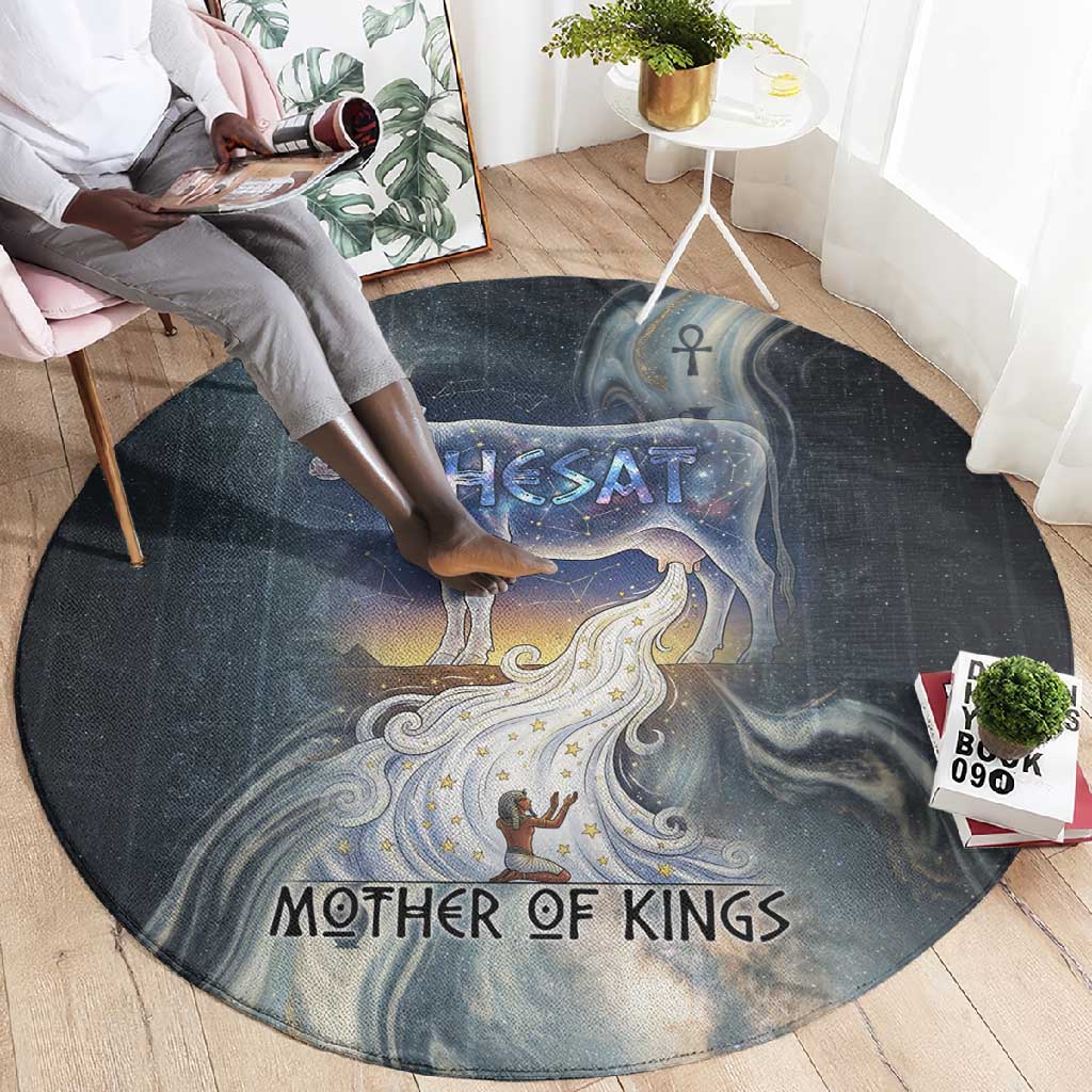 Hesat Celestial Cow Egyptian Round Carpet with Mythic Sky Motif in Cosmic Theme
