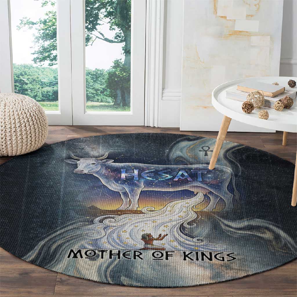 Hesat Celestial Cow Egyptian Round Carpet with Mythic Sky Motif in Cosmic Theme