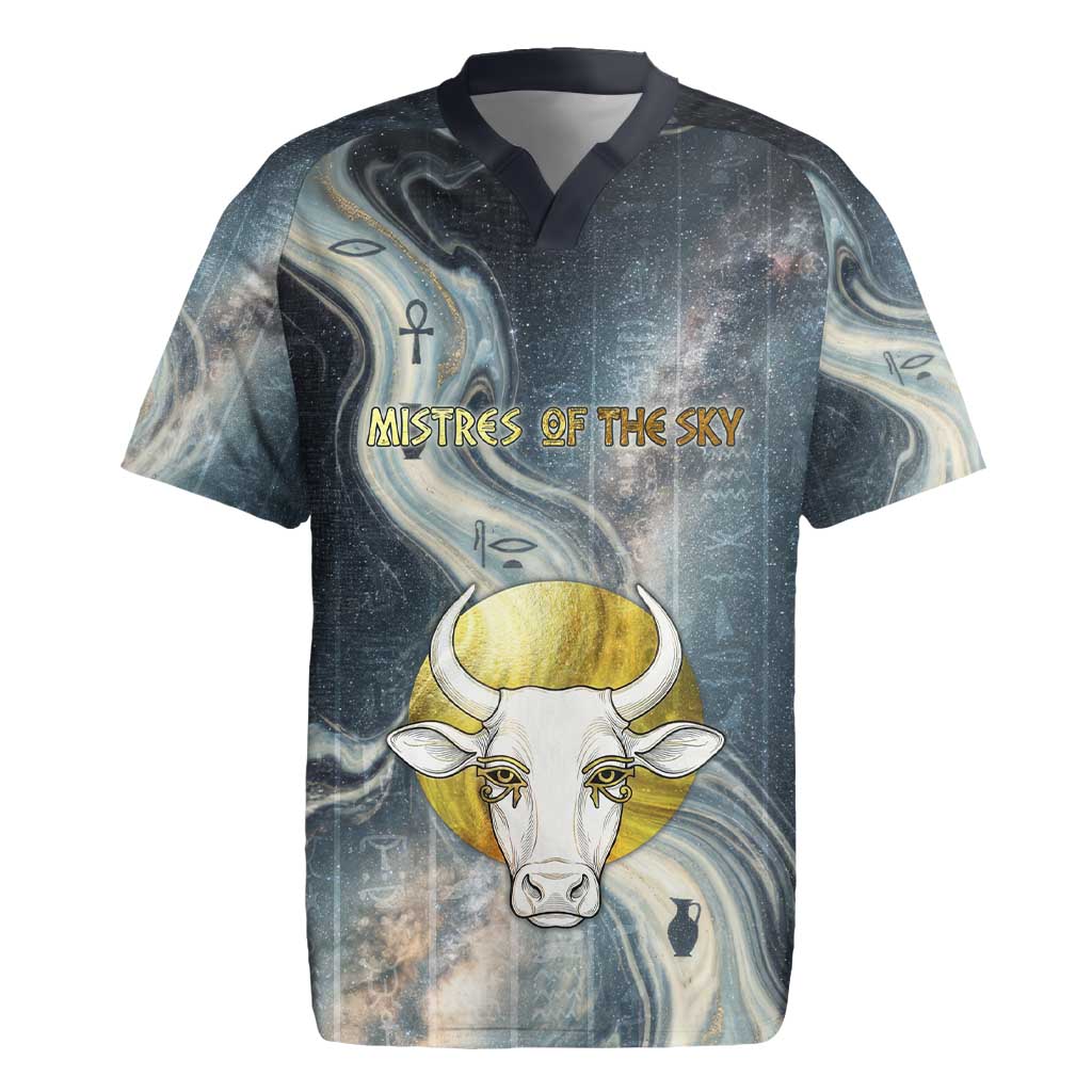 Hesat Celestial Cow Egyptian Rugby Jersey with Mythic Sky Motif in Cosmic Theme